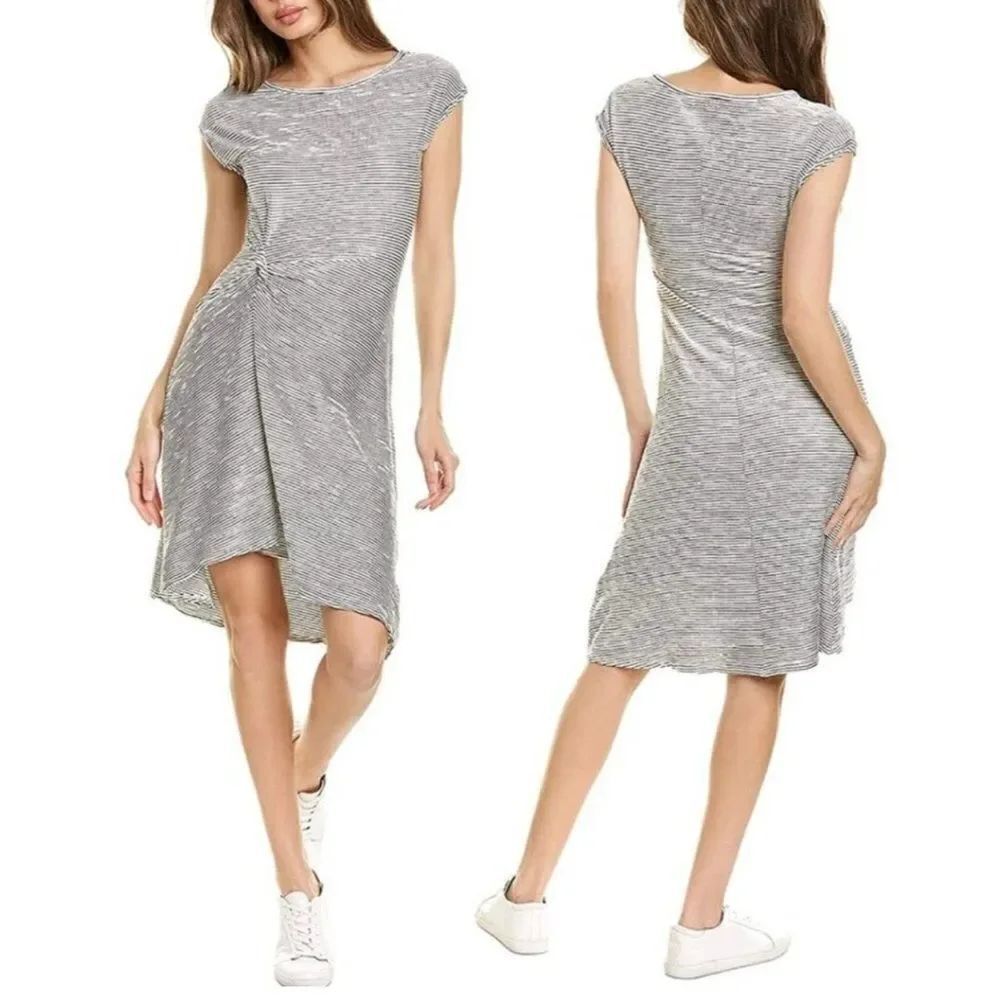 Max Studio Stripe Textured Knit Cap Sleeve Asymmetrical Dress White/Black M NWT